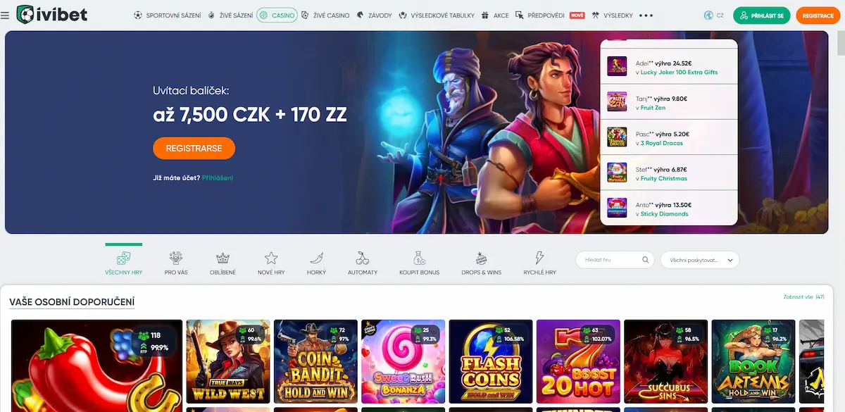 Herní lobby Ivibet Casino s uvítacím bonusem a přehledem automatů