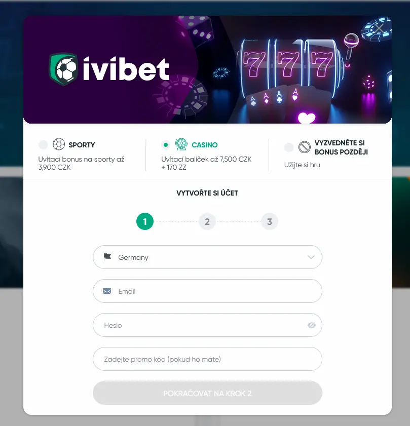 Registrační formulář nového účtu Ivibet Casino